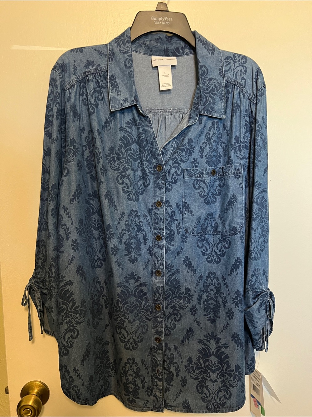 Alfred Dunner Blue Denim Damask Button-Front Shirt